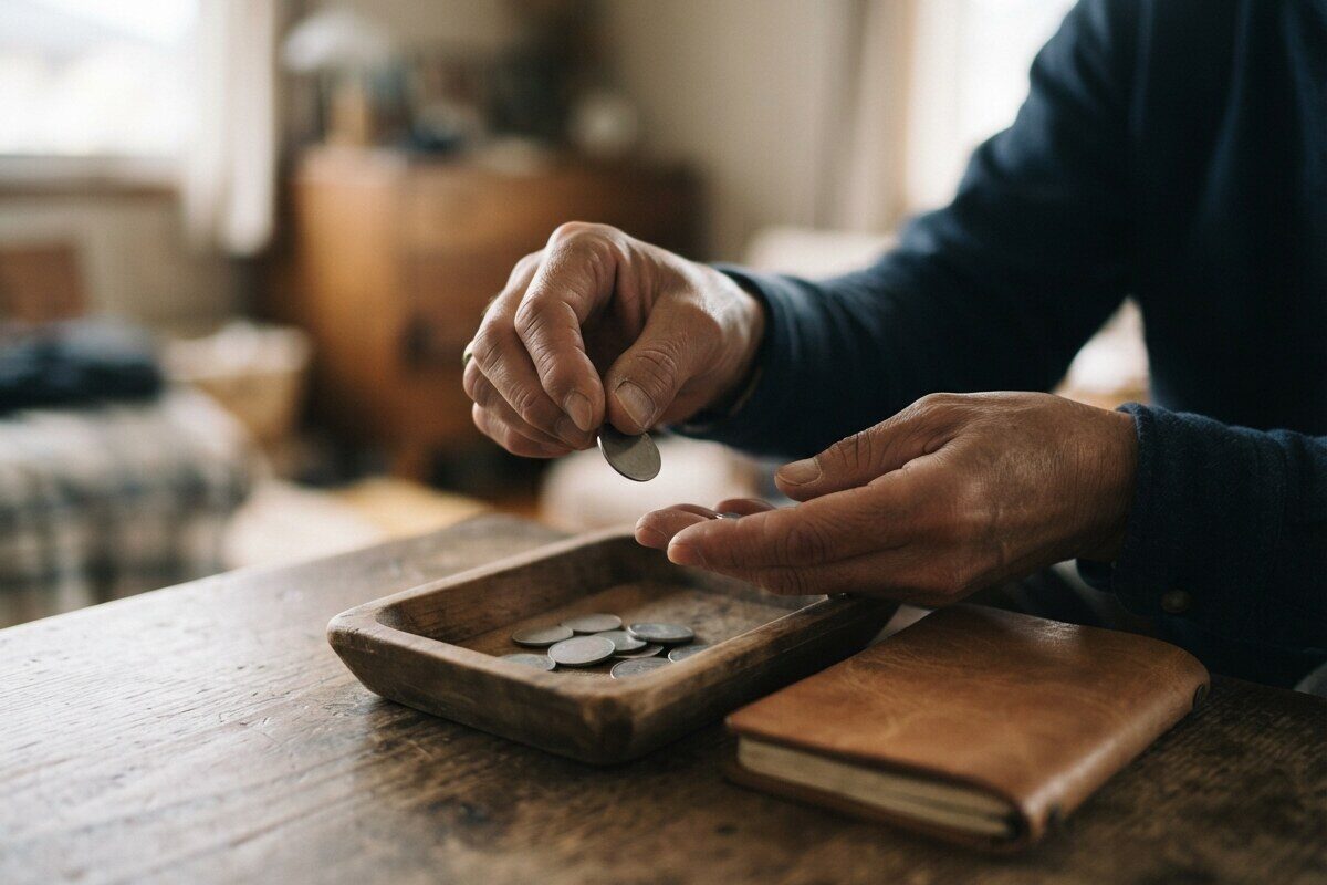 Hands placing unmarked coins into a small wooden tray