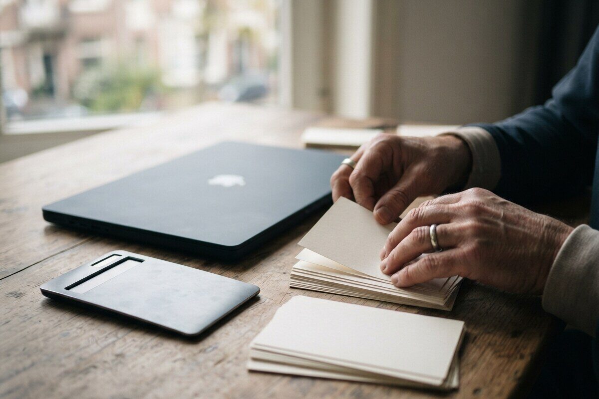 Hands reviewing localization notes beside a closed laptop and calculator