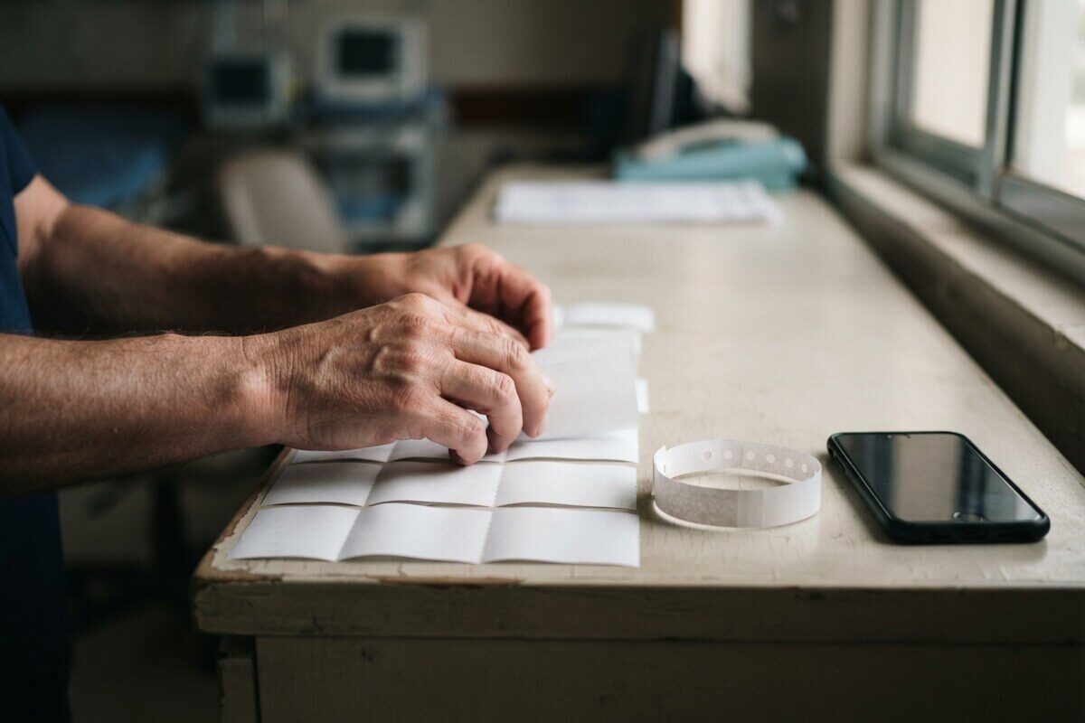 Hands organizing claim receipts after treatment at an overseas clinic