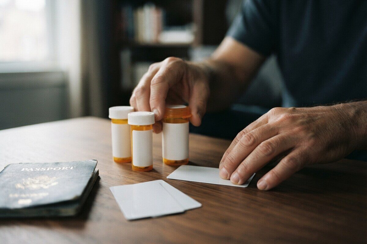 Hands organizing medicine and insurance documents before living abroad
