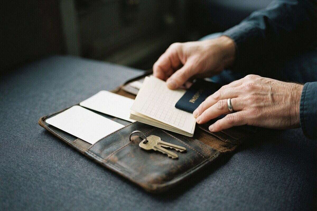 Hands organizing travel evidence and housing records for residency review