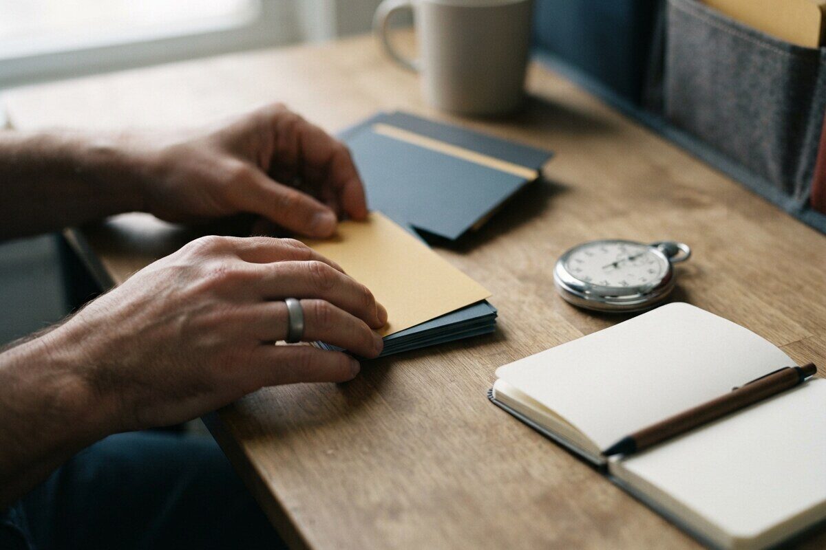 Hands organizing review response cards beside a stopwatch