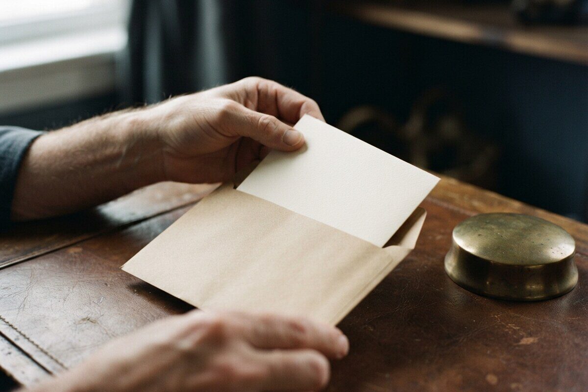 Hands placing a blank card into a kraft mailing envelope