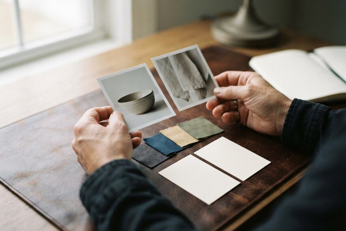 Hands reviewing product photographs and blank catalog approval cards