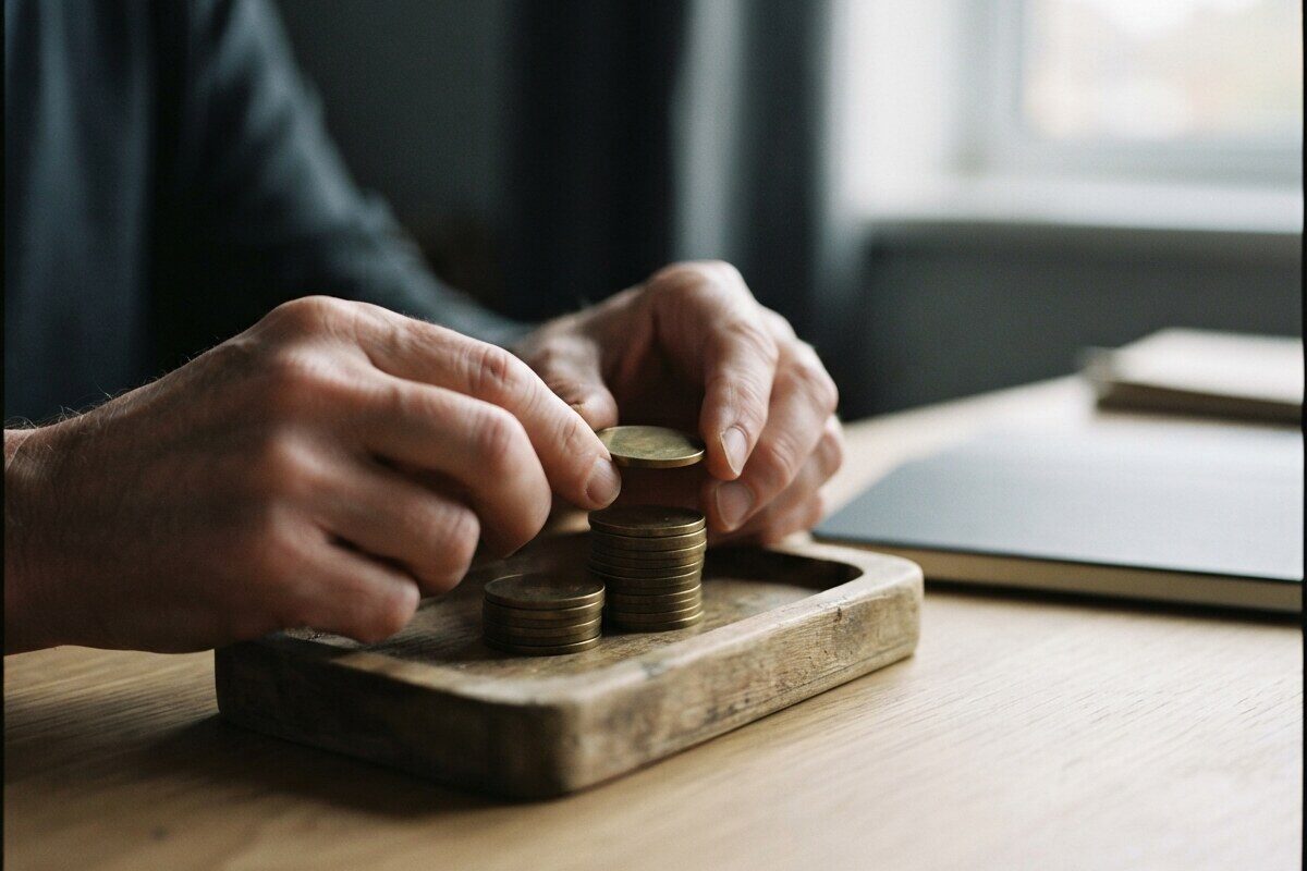 Hands stacking unmarked brass coins in a wooden tray