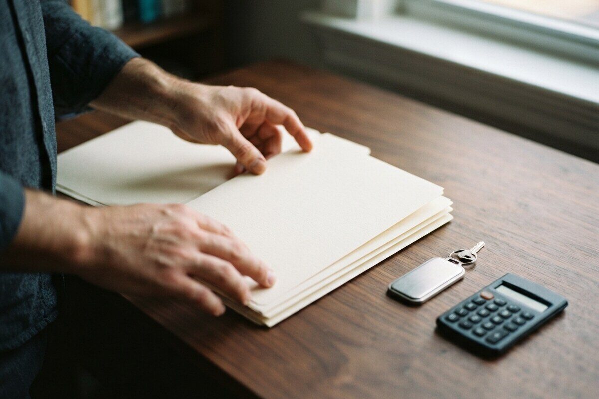 Investor reviewing brokerage custody details beside a secure hardware key