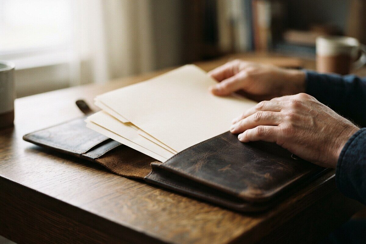 Hands filing cream folders into a leather document folio