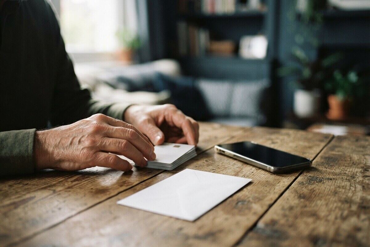 Older adult organizing bank details for overseas benefit payments