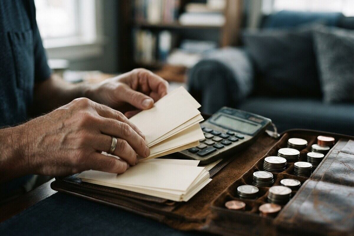 Hands reconciling TFSA trade records and exchange rate calculations