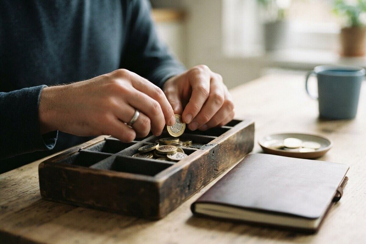 Hands sorting pound coins into a small wooden box