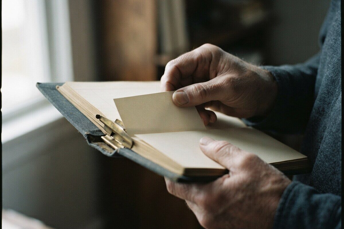 Hands filing blank cream cards into a cloth-bound ledger