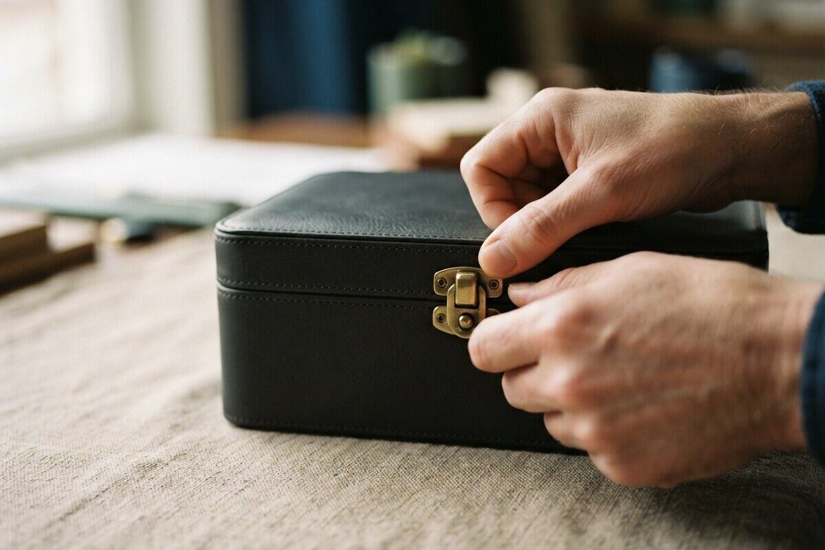 Hands closing a leather company kit with brass latch