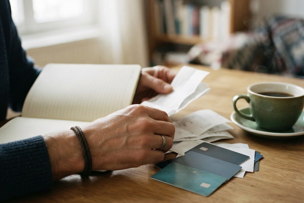 Hands organizing tuition receipts and payment records abroad