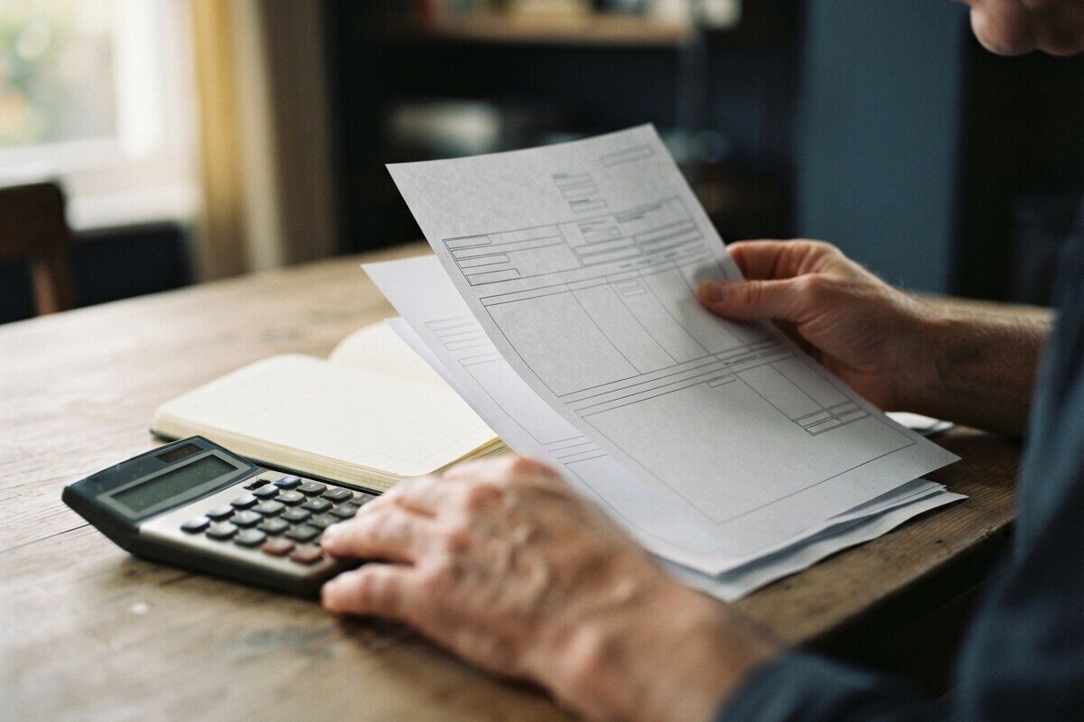 Hands comparing monthly account balances with a calculator and ledger