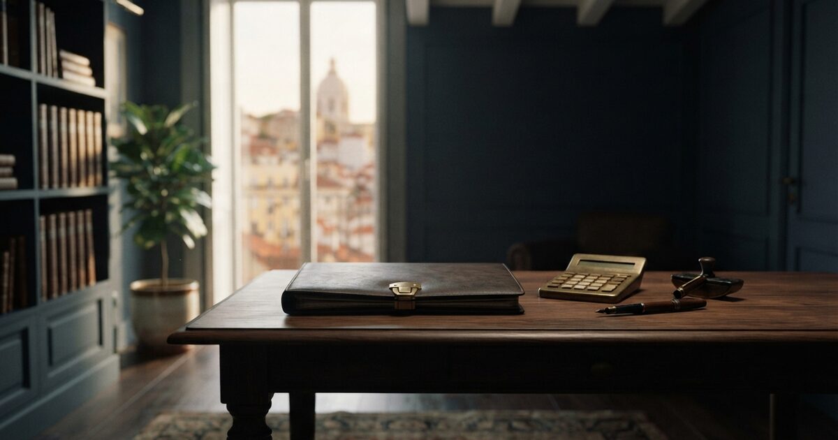 Sunlit walnut study desk with calculator and closed brass folder