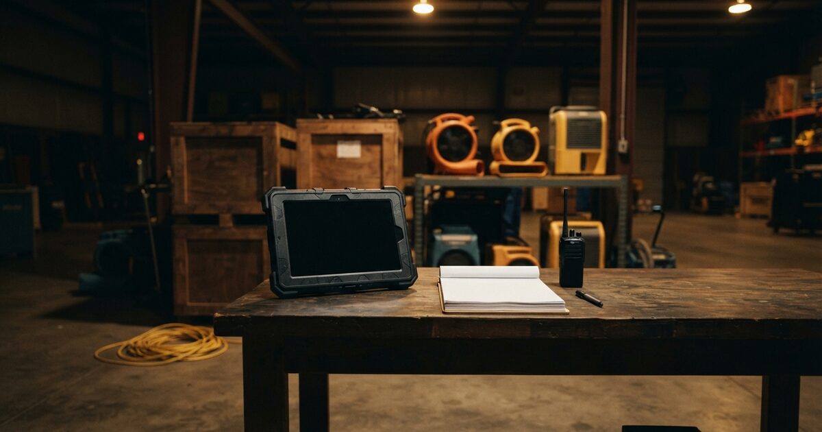 Night restoration warehouse with air movers under warm work lights