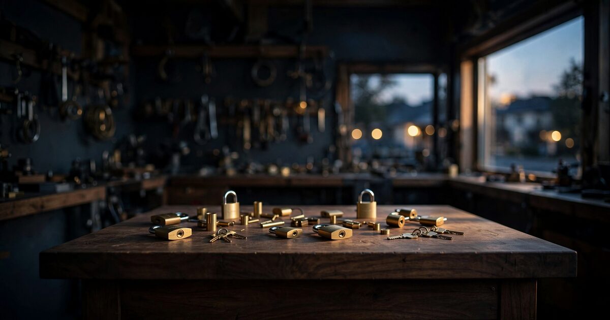 Evening locksmith workshop bench with brass locks and warm window light