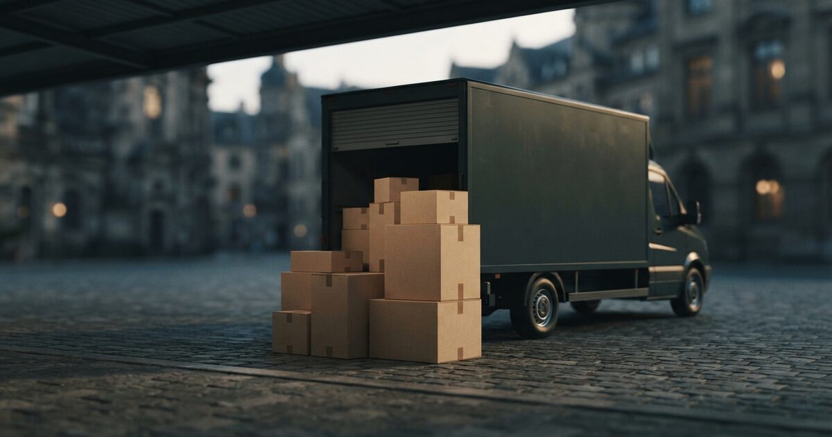 Unmarked moving truck and stacked cartons in warm loading-bay light