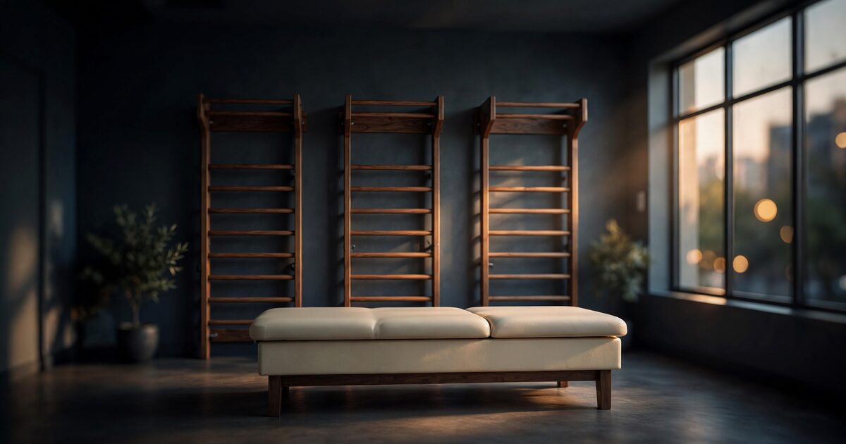 Sunlit empty physical therapy room with walnut stall bars