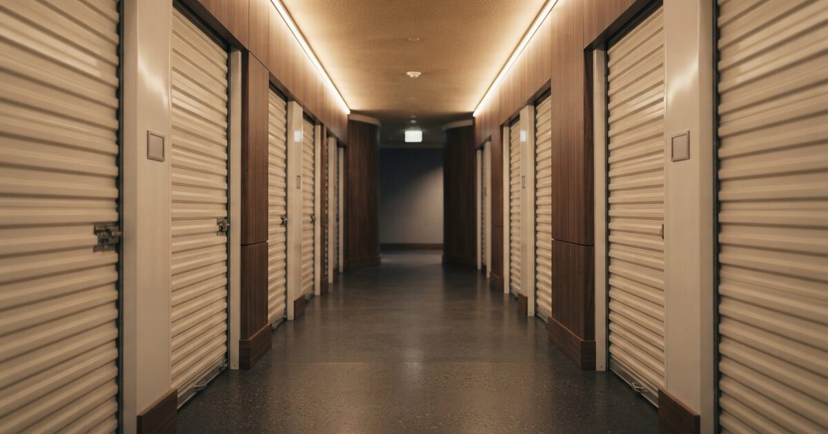 Empty climate storage corridor with cream roll-up doors in warm light