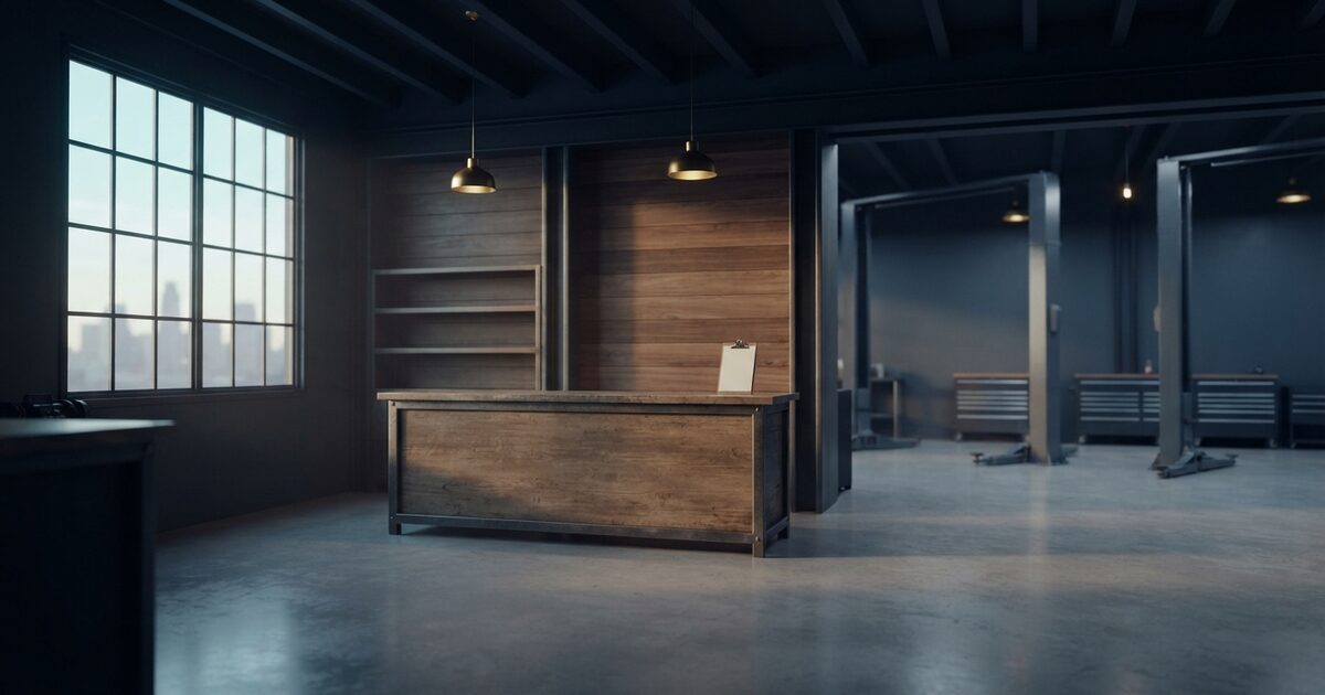 Empty dawn auto shop bays with warm steel and walnut light