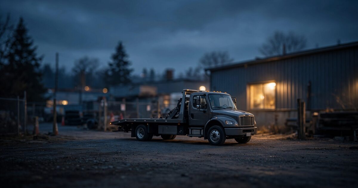 Independent tow yard at dusk with one flatbed truck and warm window light