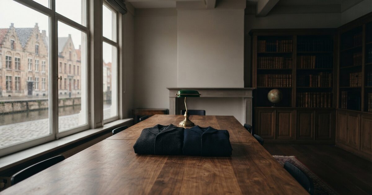 Rainlit walnut conference table in a canal-house Belgian office