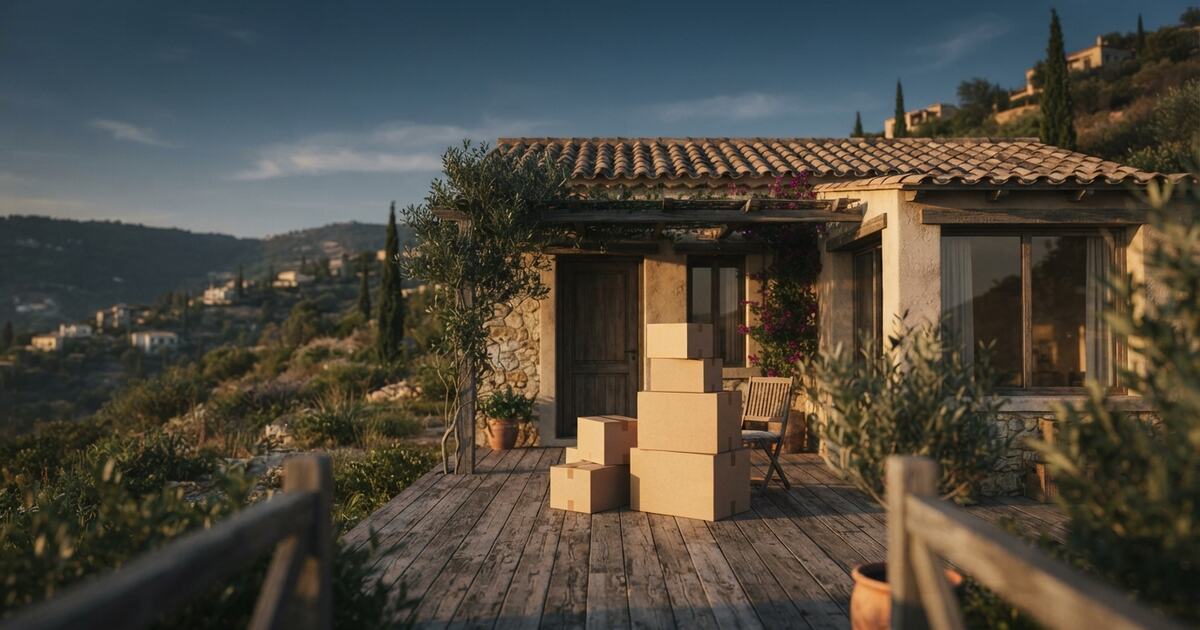 Packed boxes on a sunlit wooden porch outside a hillside house