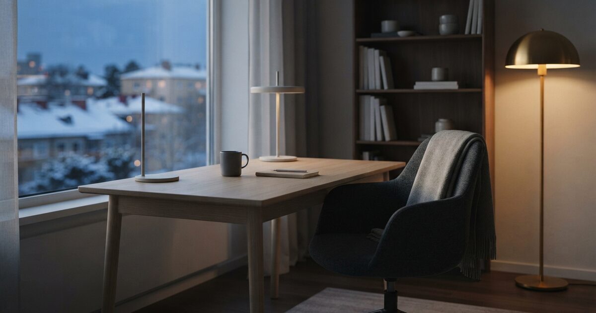 Winter Nordic apartment workspace with oak desk and lamp