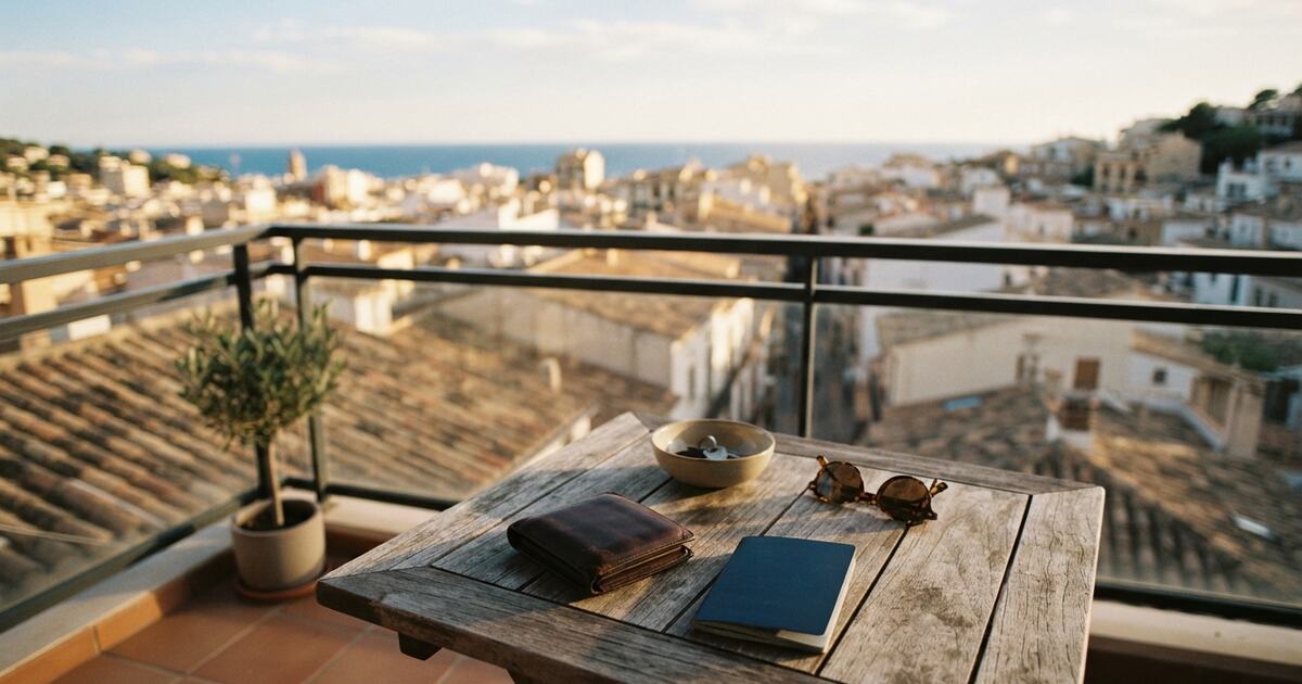 Expat personal finance setup with passport and wallet on balcony table abroad