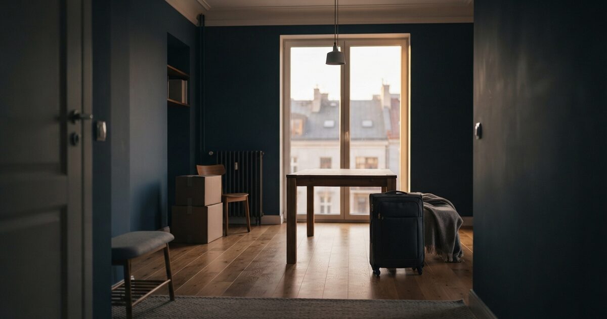 Sunlit foreign apartment with moving boxes and an empty oak table
