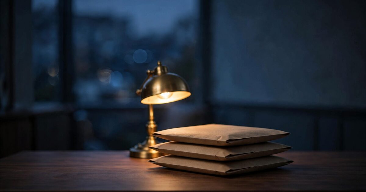 Warm walnut desk with sealed kraft mailers and brass lamp