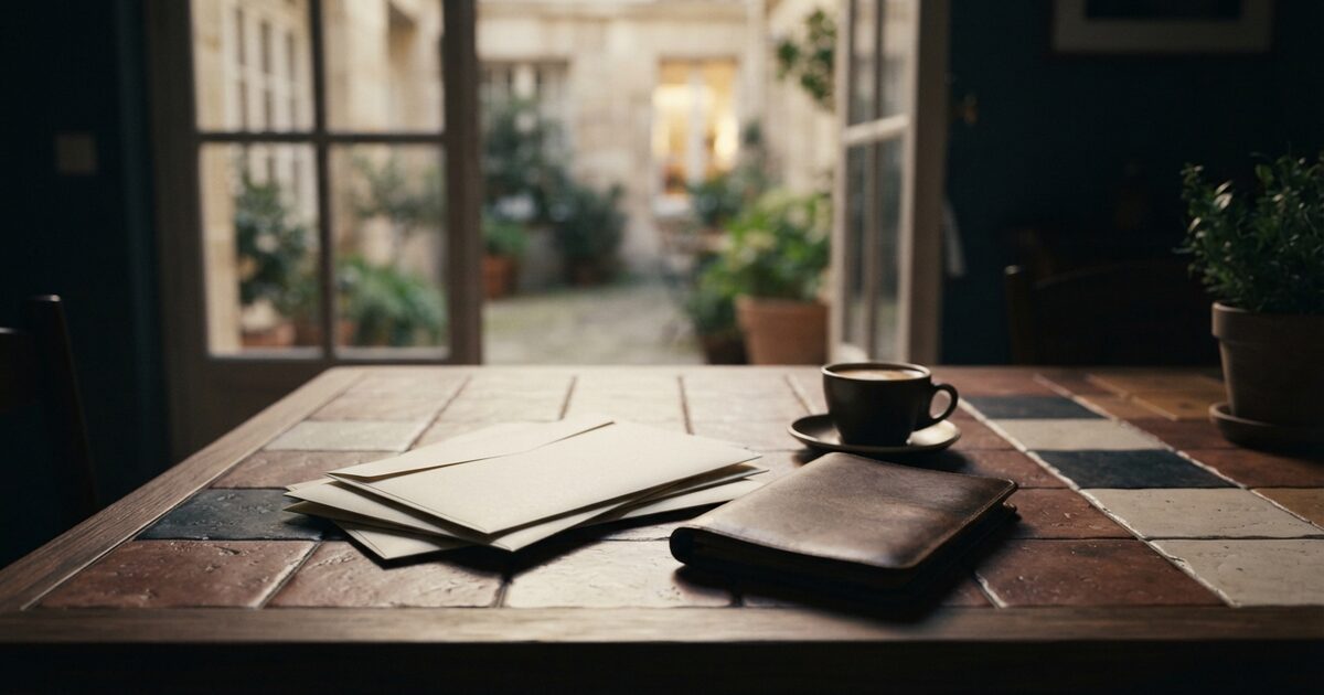 Sunlit dining table with envelopes and leather folio by a window