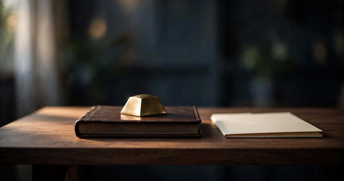 Sunlit walnut desk with closed leather ledger and cream folder