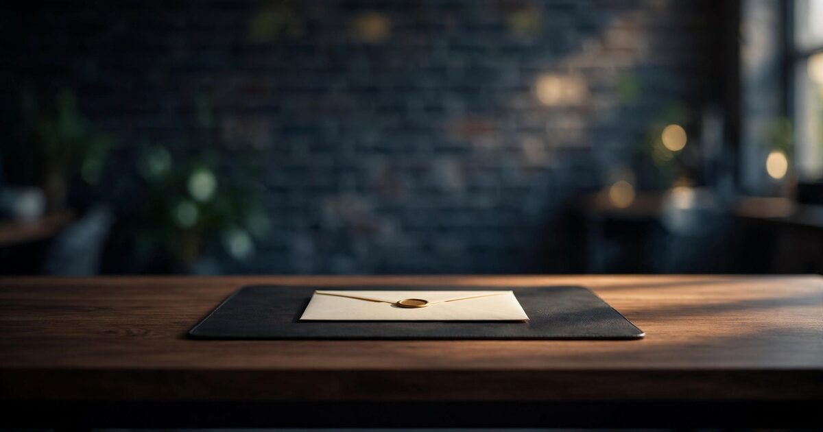 Sealed cream envelope on walnut desk in sunlit brick office