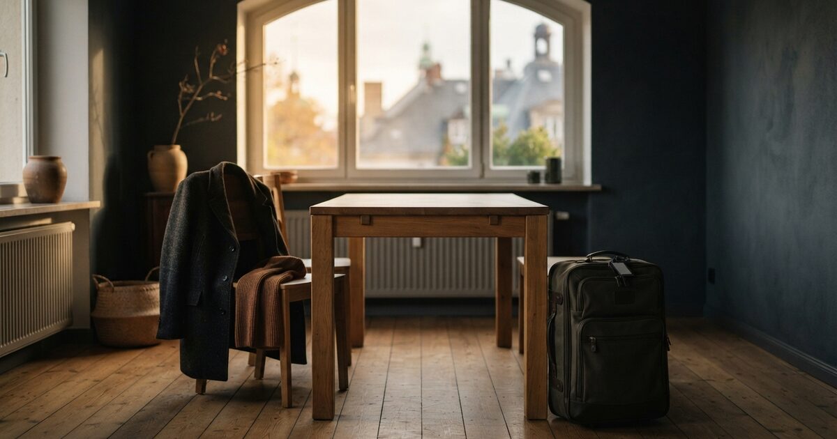 Sunlit apartment with packed carry-on beside an empty wooden table
