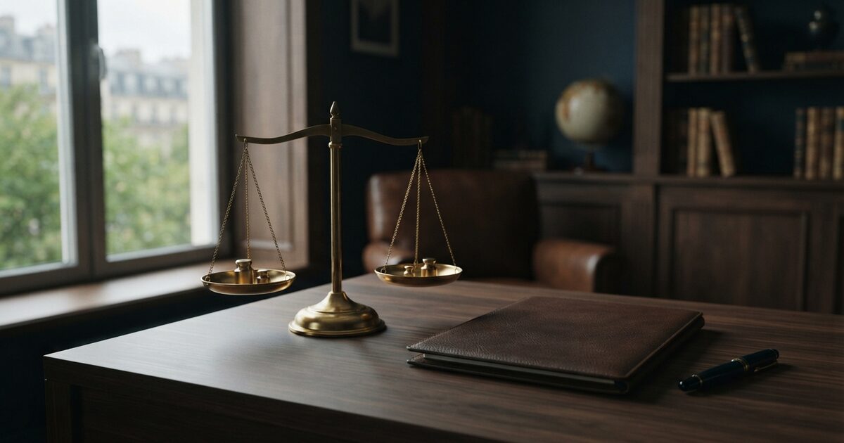 Walnut study with brass scale and closed folders in window light