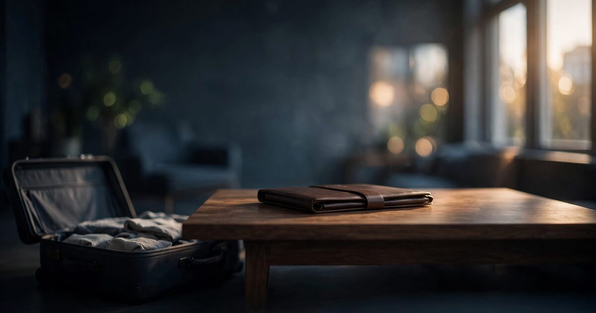 Half-packed living room with a suitcase and closed portfolio on a table