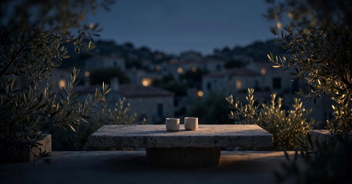 Sunlit Mediterranean terrace table with coffee cups and olive trees