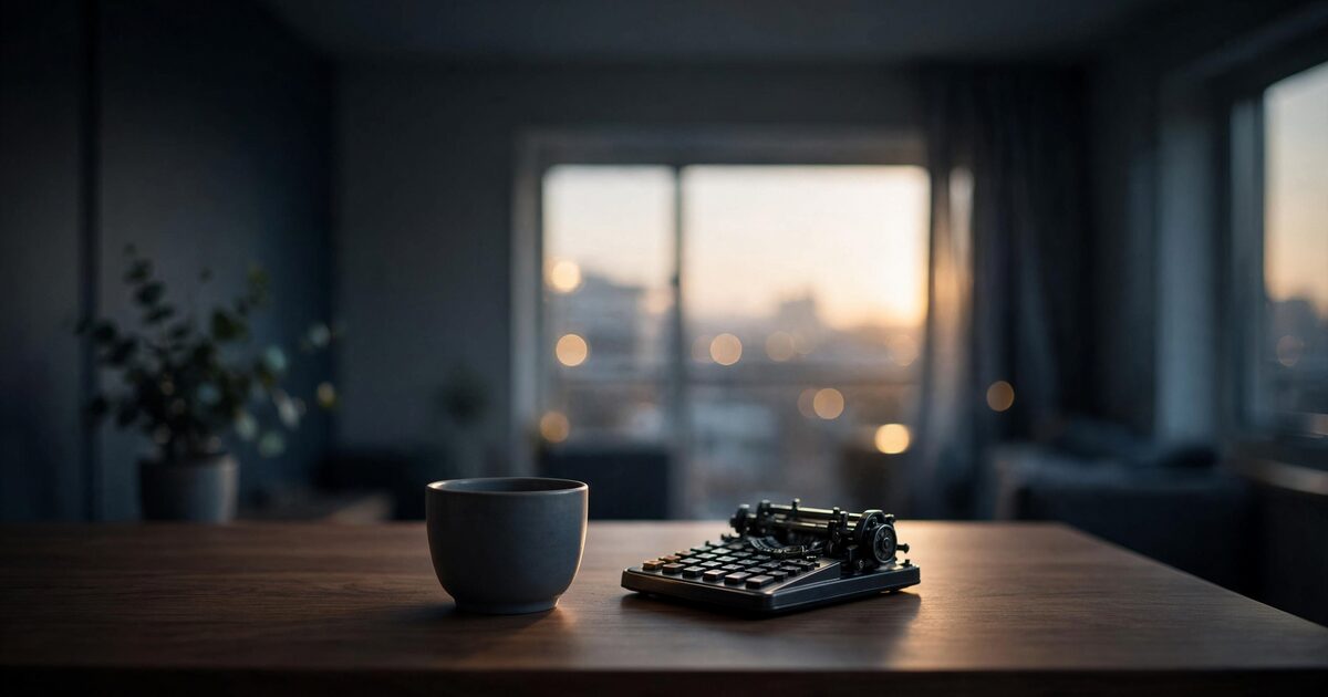 Sunlit apartment table with coffee cup and analog calculator at dawn