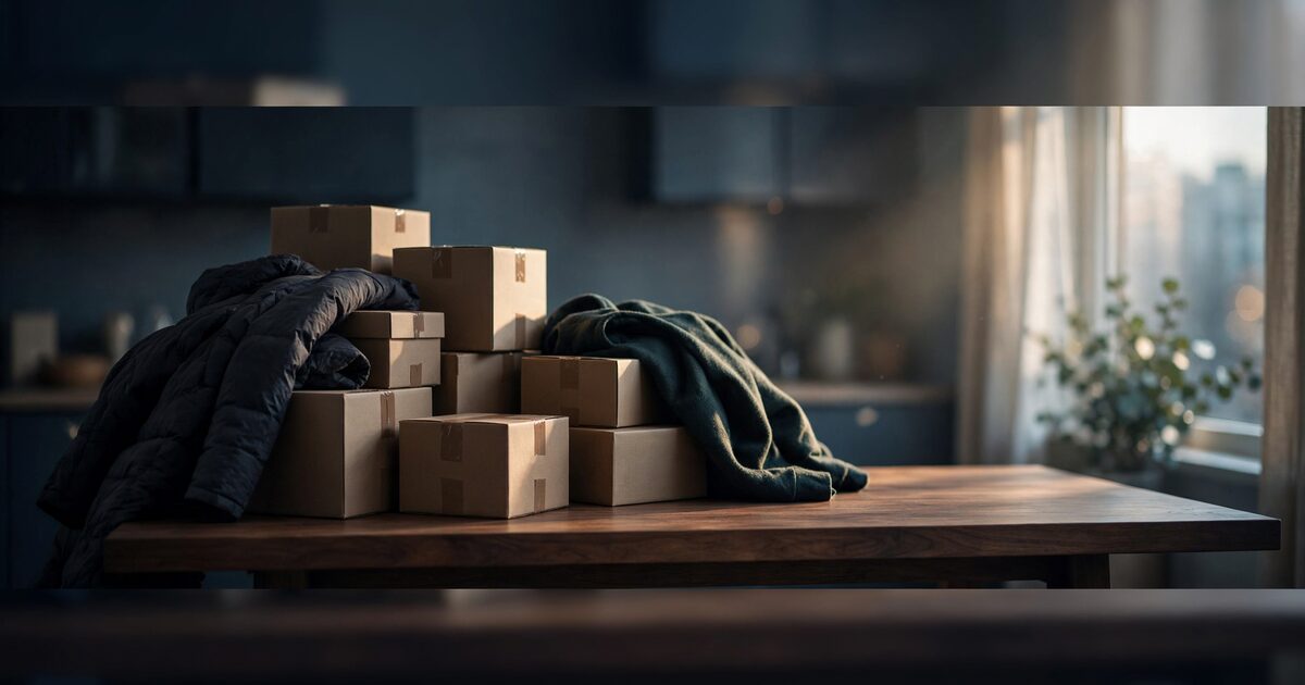 Sunlit kitchen table beside packed boxes and winter coats