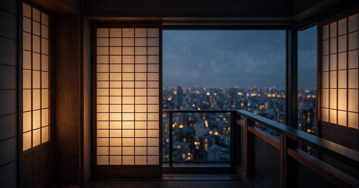 Warm apartment balcony overlooking a dense East Asian city at dusk