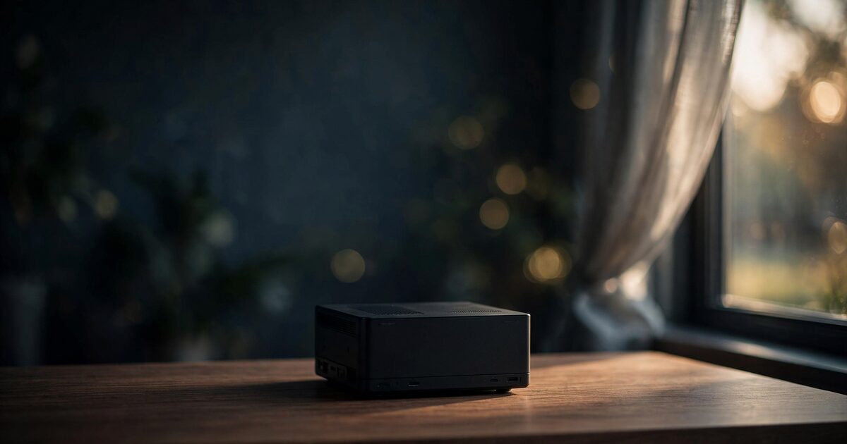 Compact fanless computer on a walnut desk beside a sunlit window