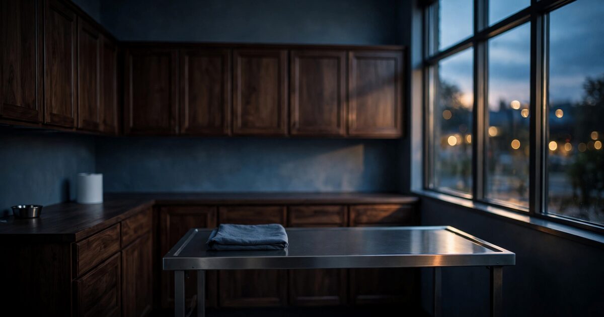 Dusk veterinary exam room with walnut cabinets and stainless table