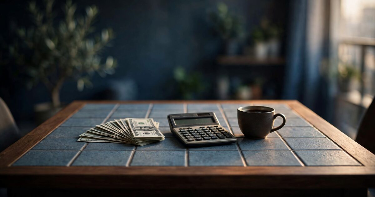 Sunlit apartment table with cash calculator and coffee for tax payment