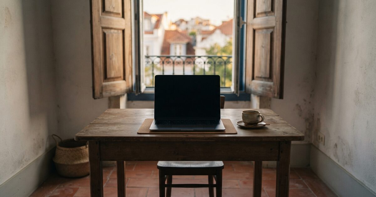 Sunlit tiled apartment with shutters and a dark closed laptop