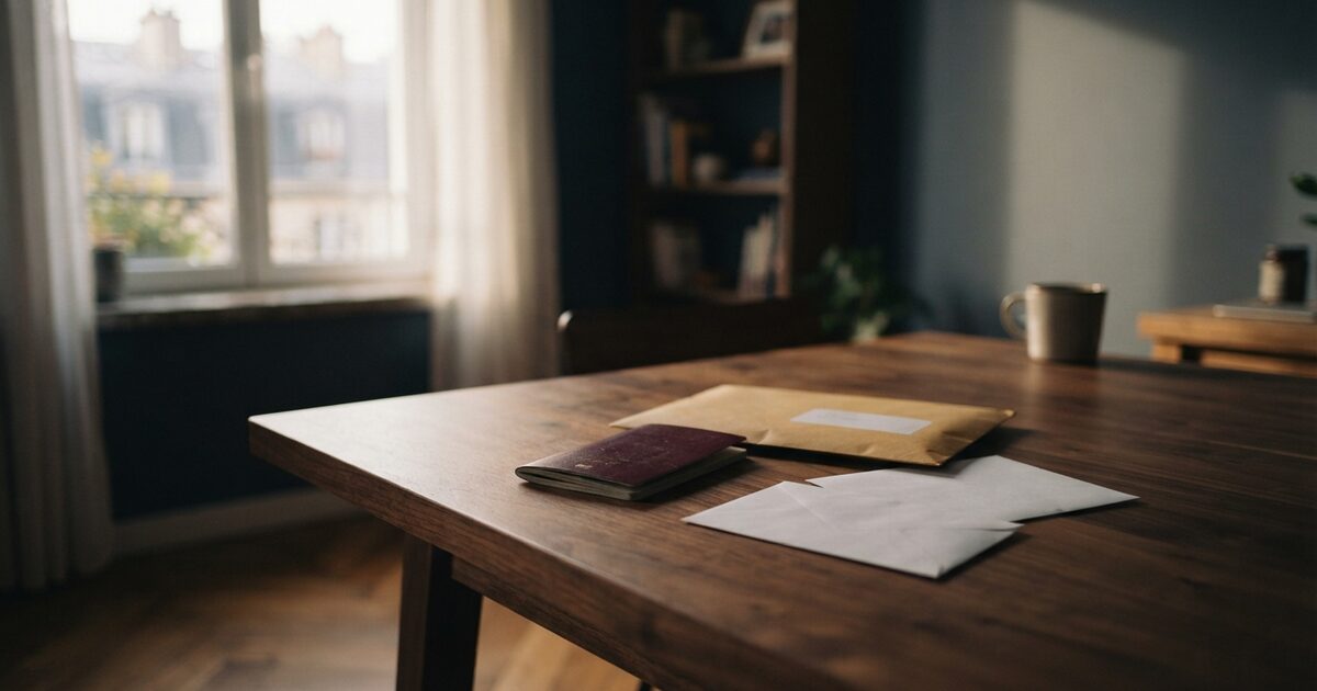 Sunlit kitchen table with closed passport and courier pouch abroad