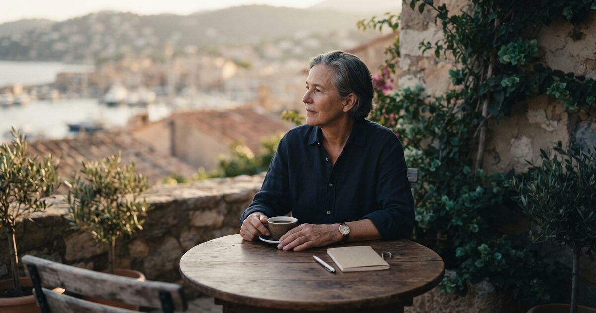 Older adult on a sunlit terrace with coffee and analog watch