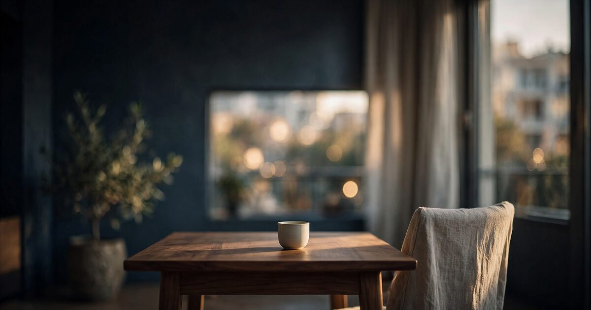 Sunlit apartment living room with a walnut table and morning light