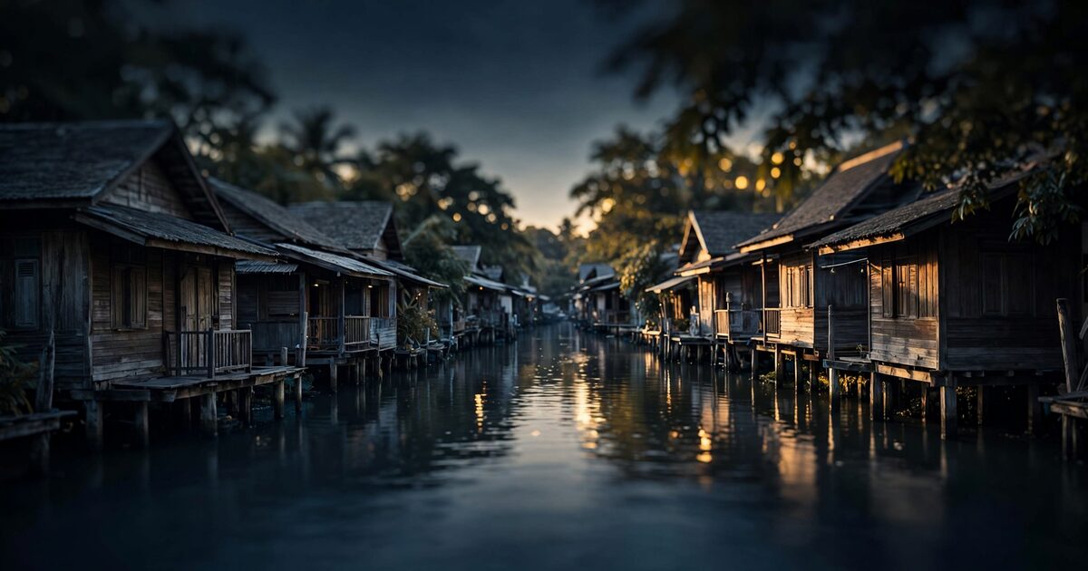 Weathered teak houses along a quiet canal lane in warm afternoon light